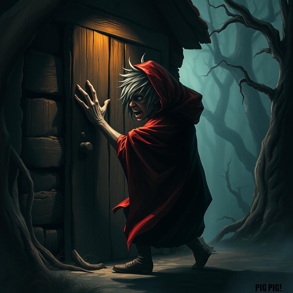 A dark, atmospheric depiction of a realistic, sinister version of Little Red Riding Hood, with a menacing expression and blood-red cloak, furiously banging on a shabby, rustic pig's house door