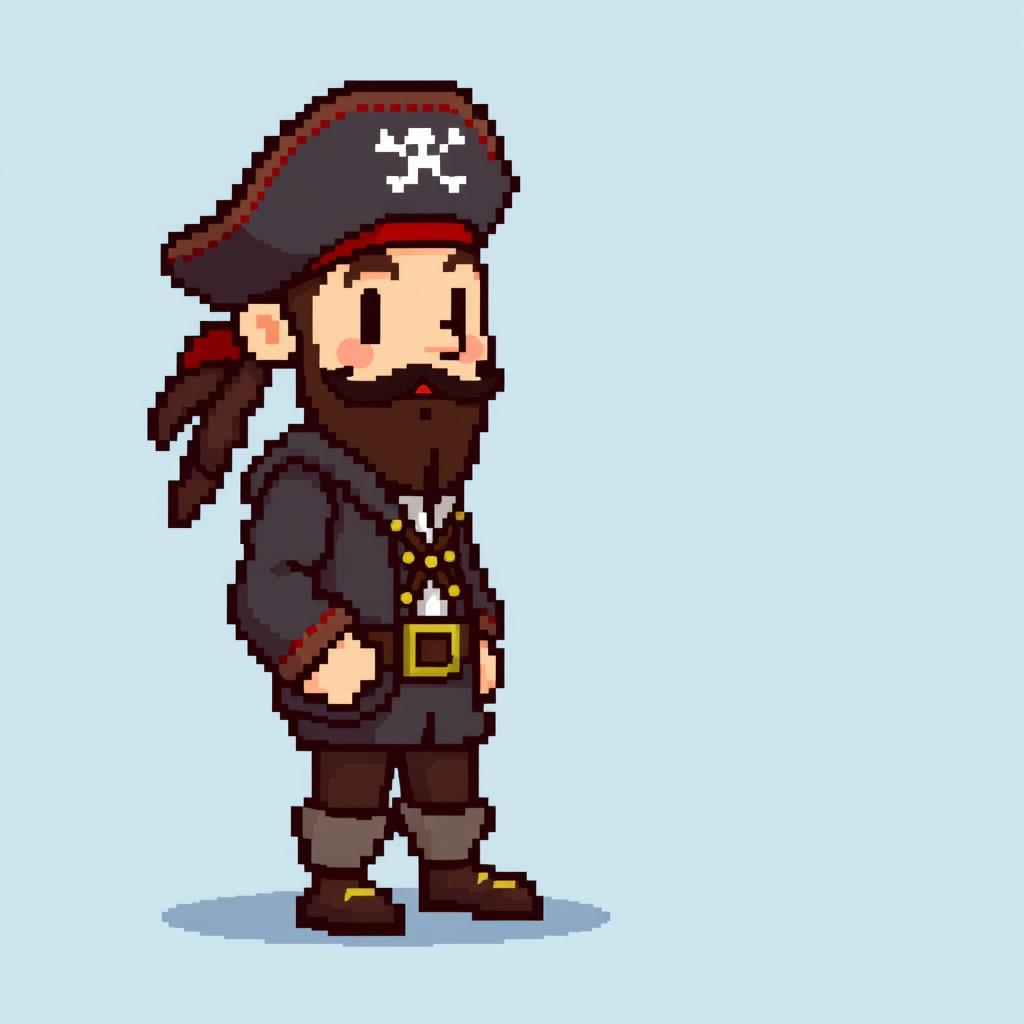 A simple pixelated pirate captain male character, designed in a game sprite style with a side view