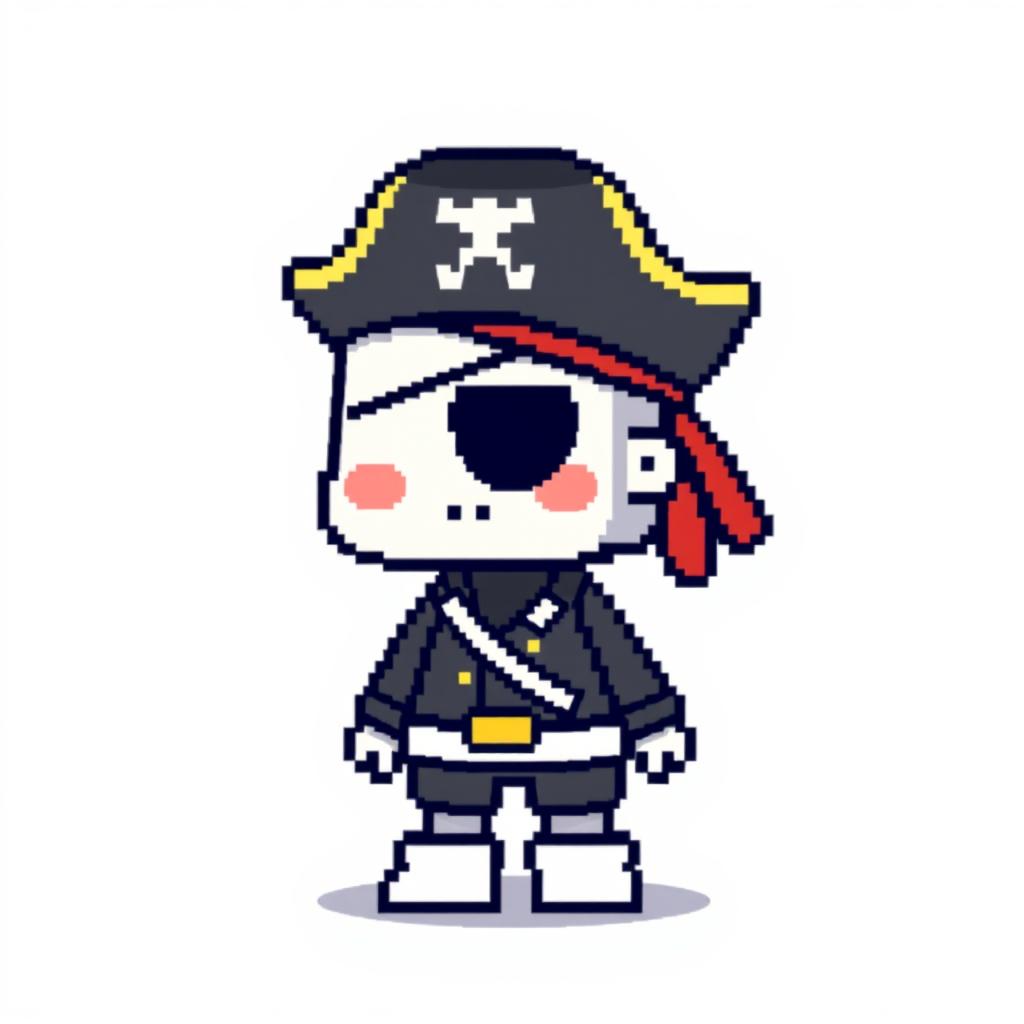 A cute simplified pirate character designed in pixel art style, featuring minimal features and a blocky design