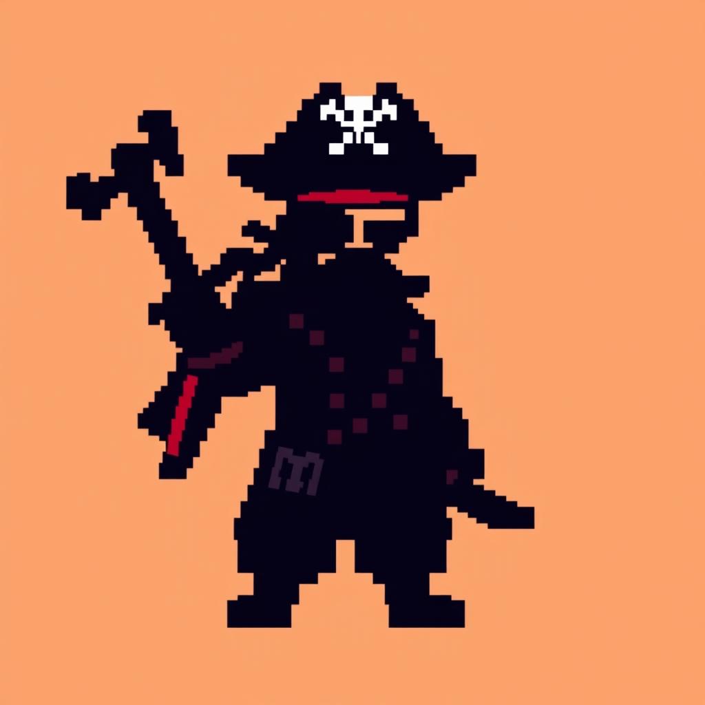 A low-detail pixel art silhouette of a pirate character designed in a retro gaming style, utilizing only primary colors
