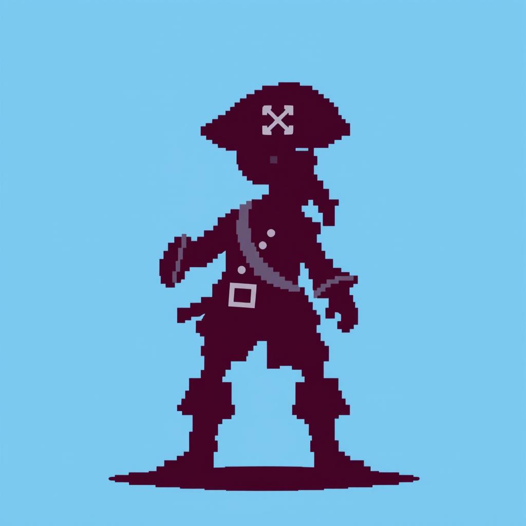 A low-detail pixel art silhouette of a pirate character in a side view, designed in a retro gaming style
