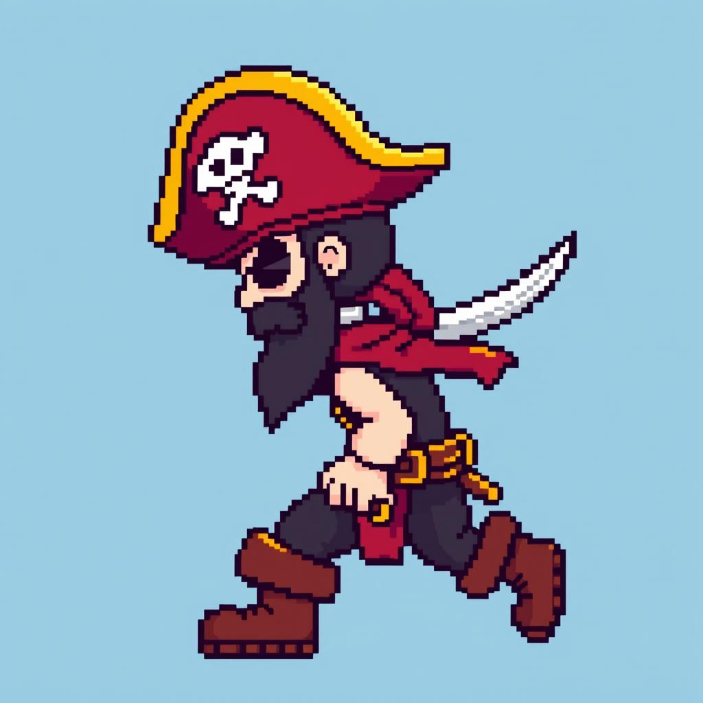 A low-detail pixel art depiction of a pirate character in a side view, created in a retro gaming style with large visible pixels