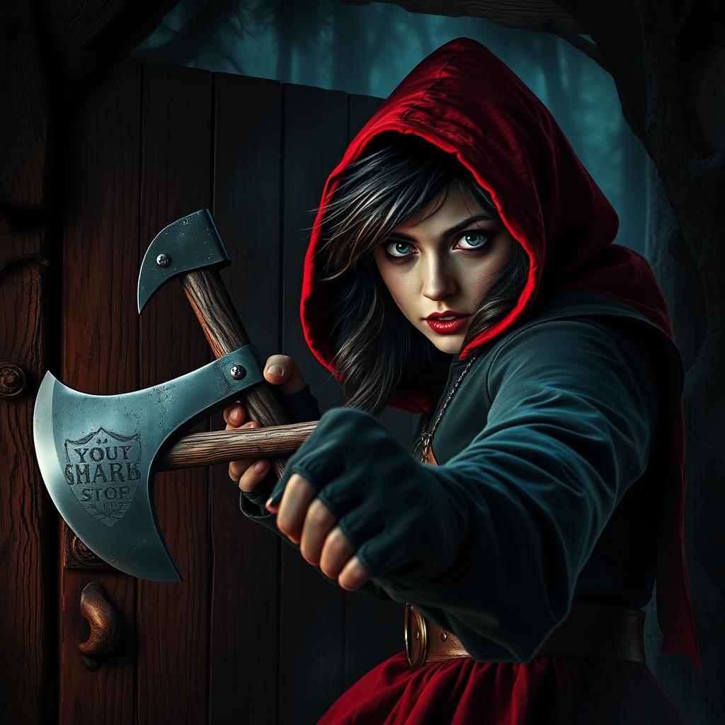 A dark, captivating scene of a realistic, sinister version of Little Red Riding Hood, wielding a shiny, menacing axe as she bangs on the door of a rustic pig's house
