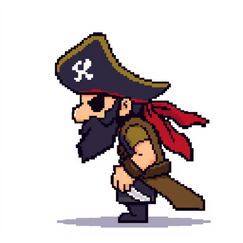 A low-detail pixel art representation of a pirate character in a side view, styled in retro gaming aesthetics