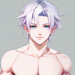 Generate an image of a rebellious twink anime boy with a feminine body. He has medium length white hair, eyebrows, lashes, slender skin, and a harmonious face. His Korean-style sharp blue eyes are highlighted with a hint of pink at the corners. He lacks muscle mass and is portrayed neutrally looking away.