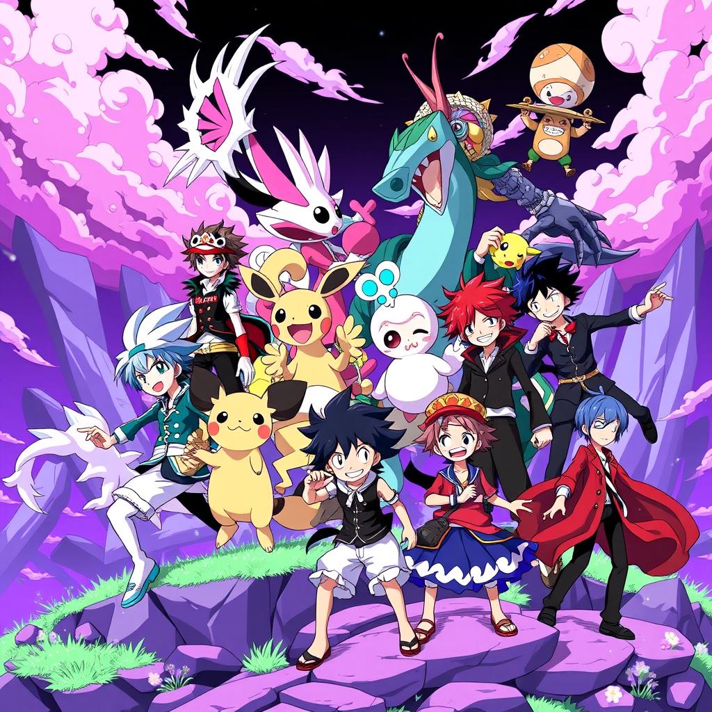 A vibrant, dynamic scene featuring a mix of characters from Inazuma Eleven, Pokémon, One Piece, and Tokyo Ghoul