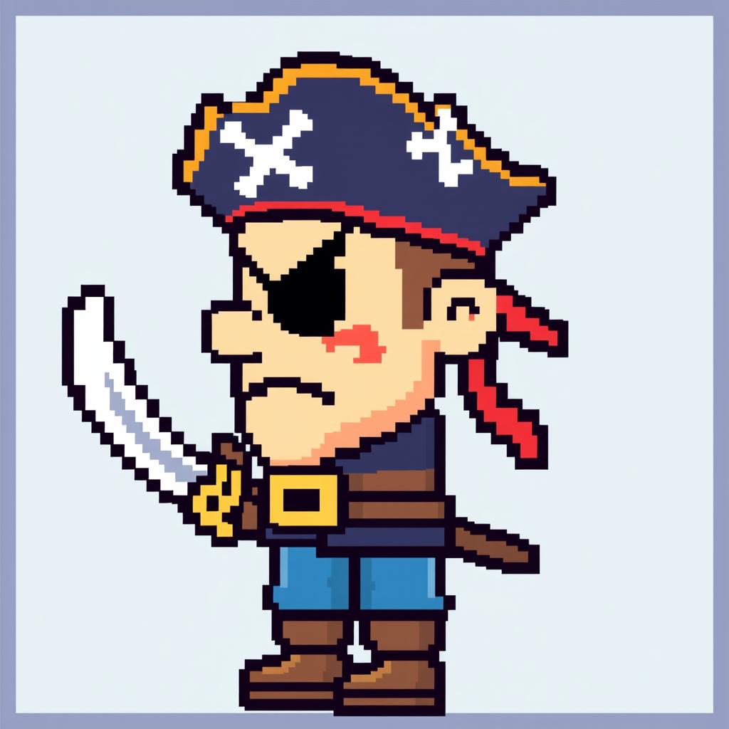 A low-detail pixel art representation of a pirate character in a side view, showcasing retro gaming style