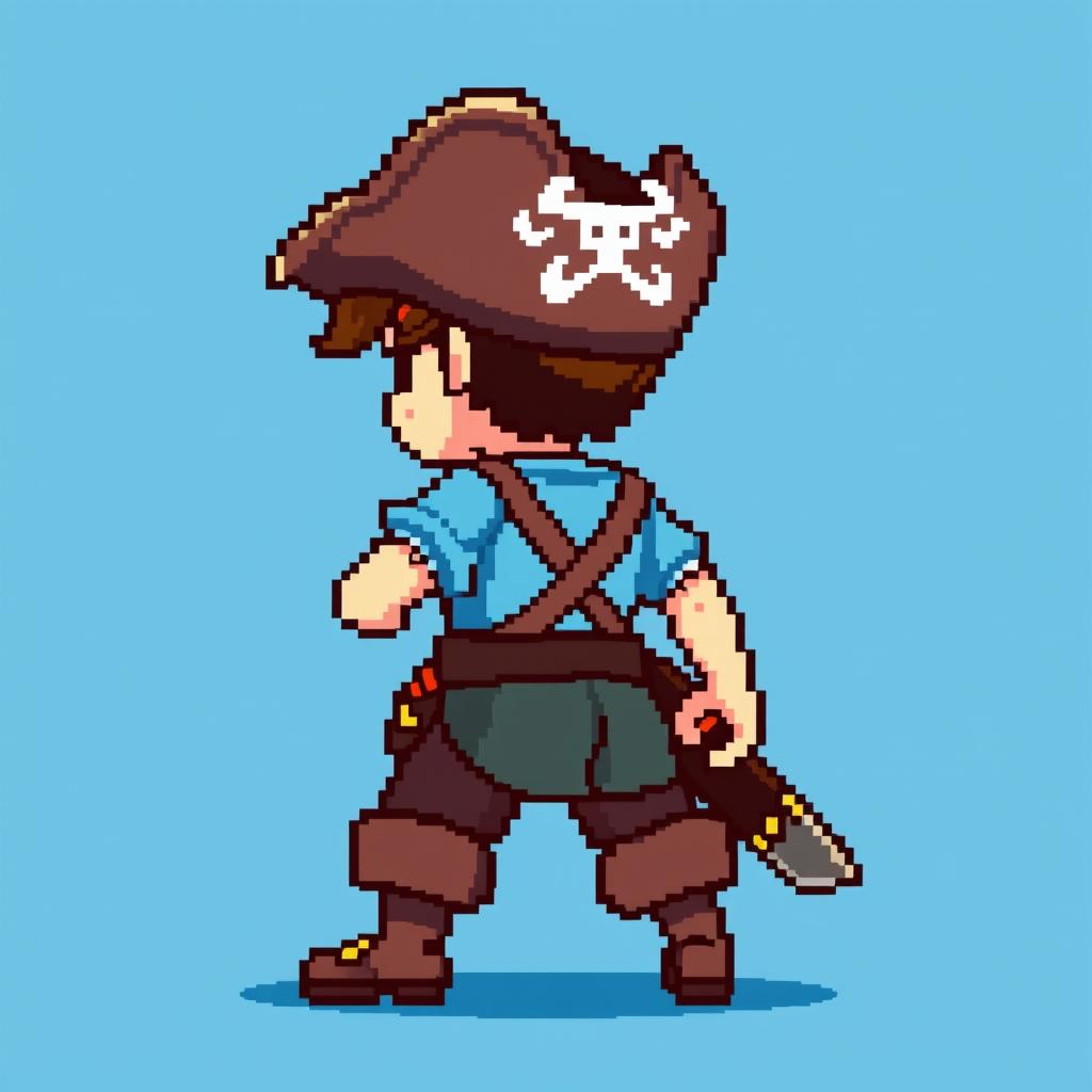 An extremely pixelated gaming sprite of a young adult male pirate character in an 8-bit style, viewed from the side