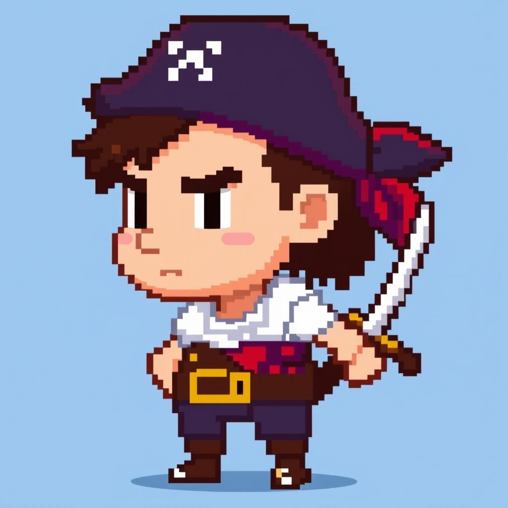 An extremely pixelated gaming sprite of a young adult male pirate character, depicted in an 8-bit style from a side view