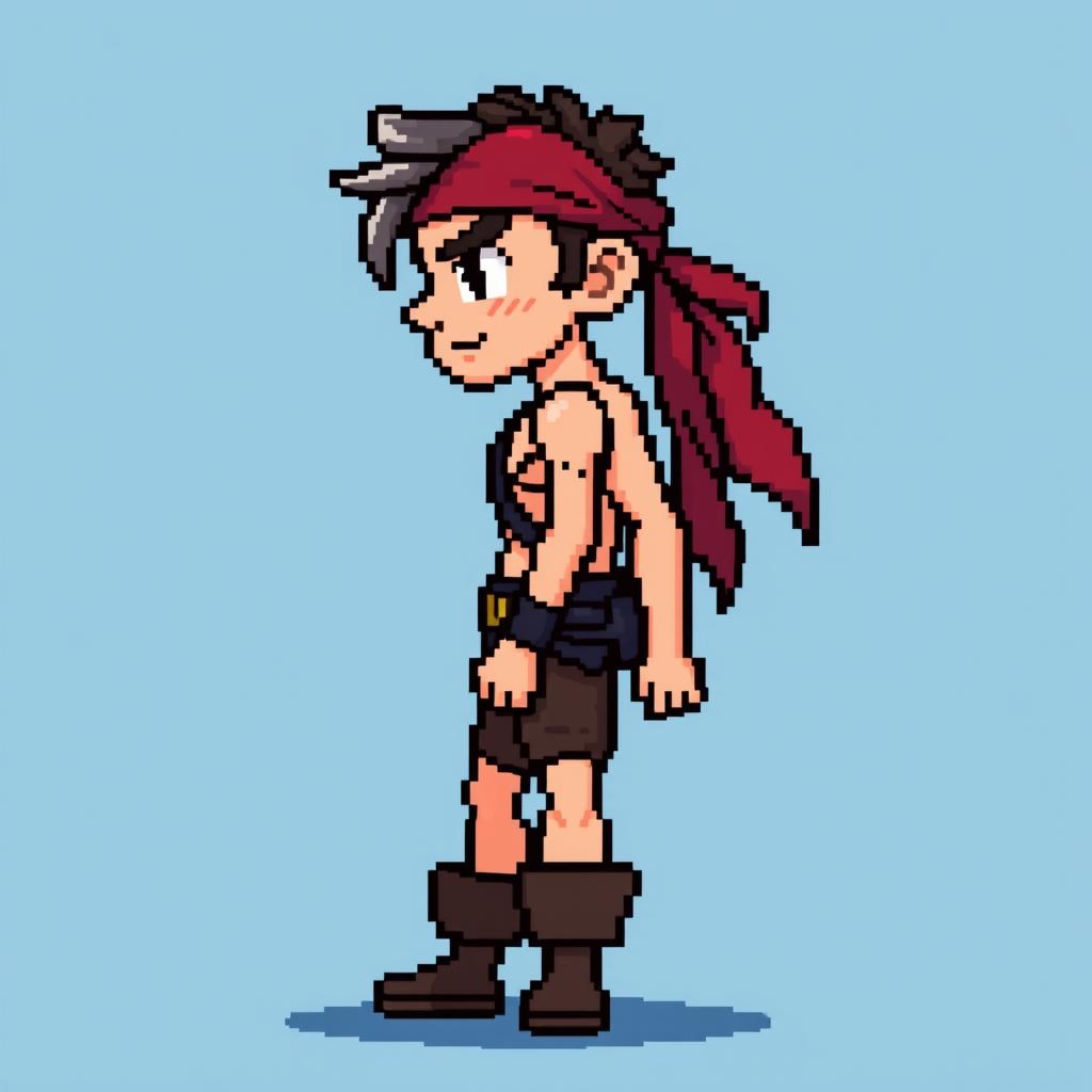 An extremely pixelated gaming sprite of a fit young adult male pirate character, aged 21, depicted in an 8-bit style from a side view