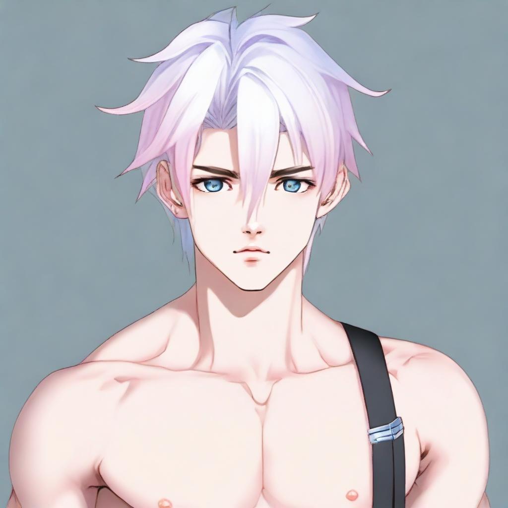 Generate an image of a rebellious twink anime boy with a feminine body. He has medium length white hair, eyebrows, lashes, slender skin, and a harmonious face. His Korean-style sharp blue eyes are highlighted with a hint of pink at the corners. He lacks muscle mass and is portrayed neutrally looking away.