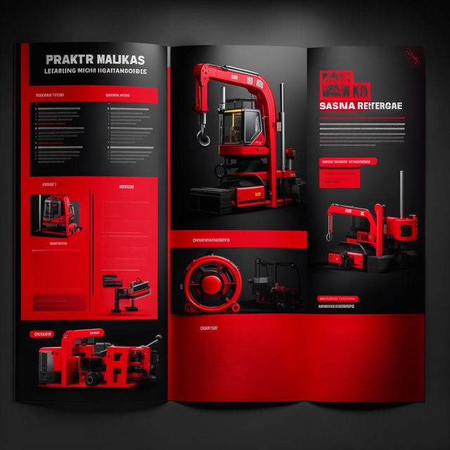 Design a product catalog for OZKAR MAKINA company with a focus on machinery and lifting equipment. It should have red and black theme, displaying 5 different products, each with their own price and technical specifications section.