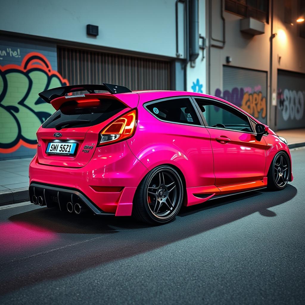 A modified Ford Fiesta in a vibrant, eye-catching color with a sleek body kit, large alloy wheels, and a sporty exhaust