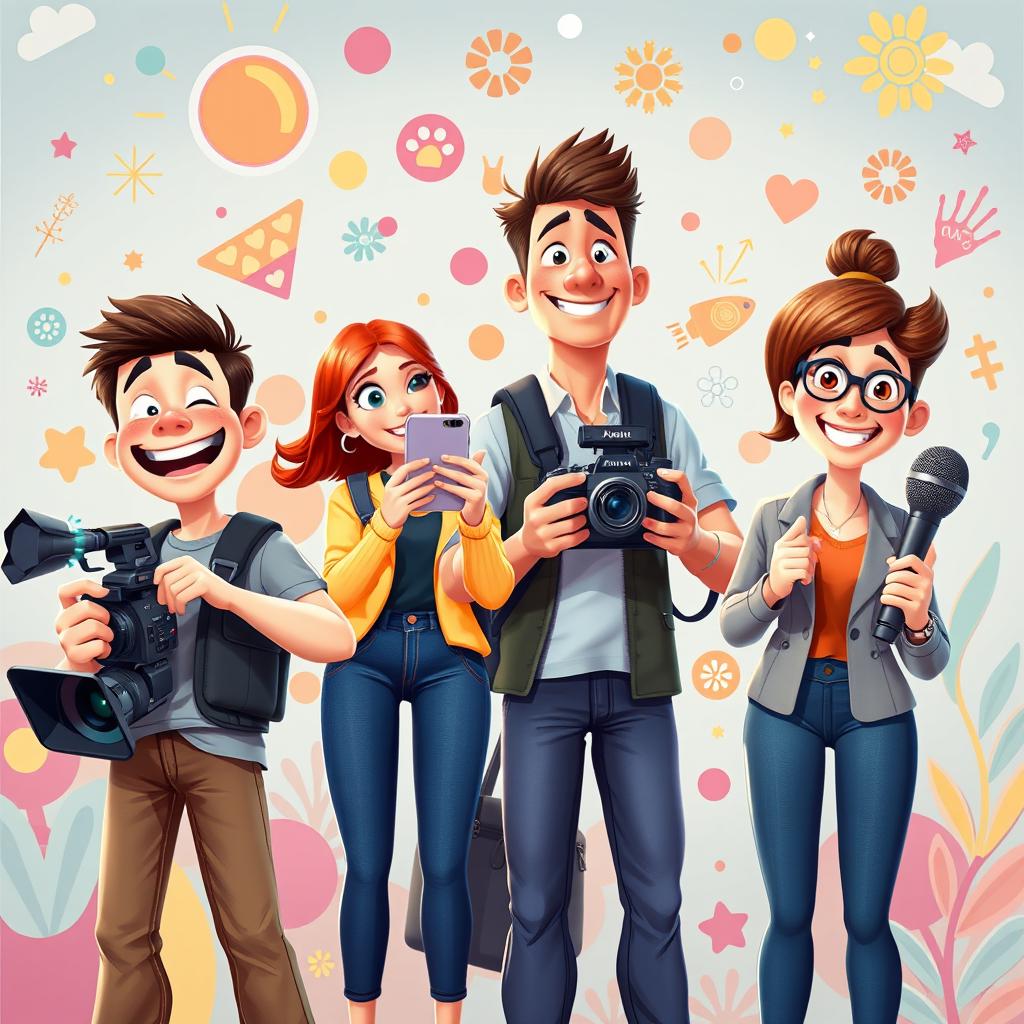 A vibrant poster-style image in the artistic style of Disney Pixar, showcasing a media team in a relaxed and fun atmosphere