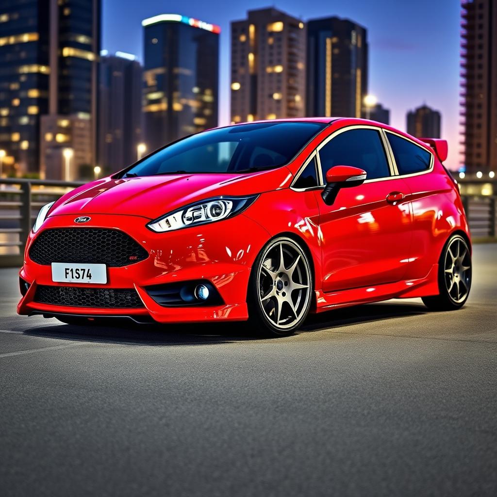 A vibrant red Ford Fiesta, customized with sleek modifications including sporty body kit and stylish alloy wheels