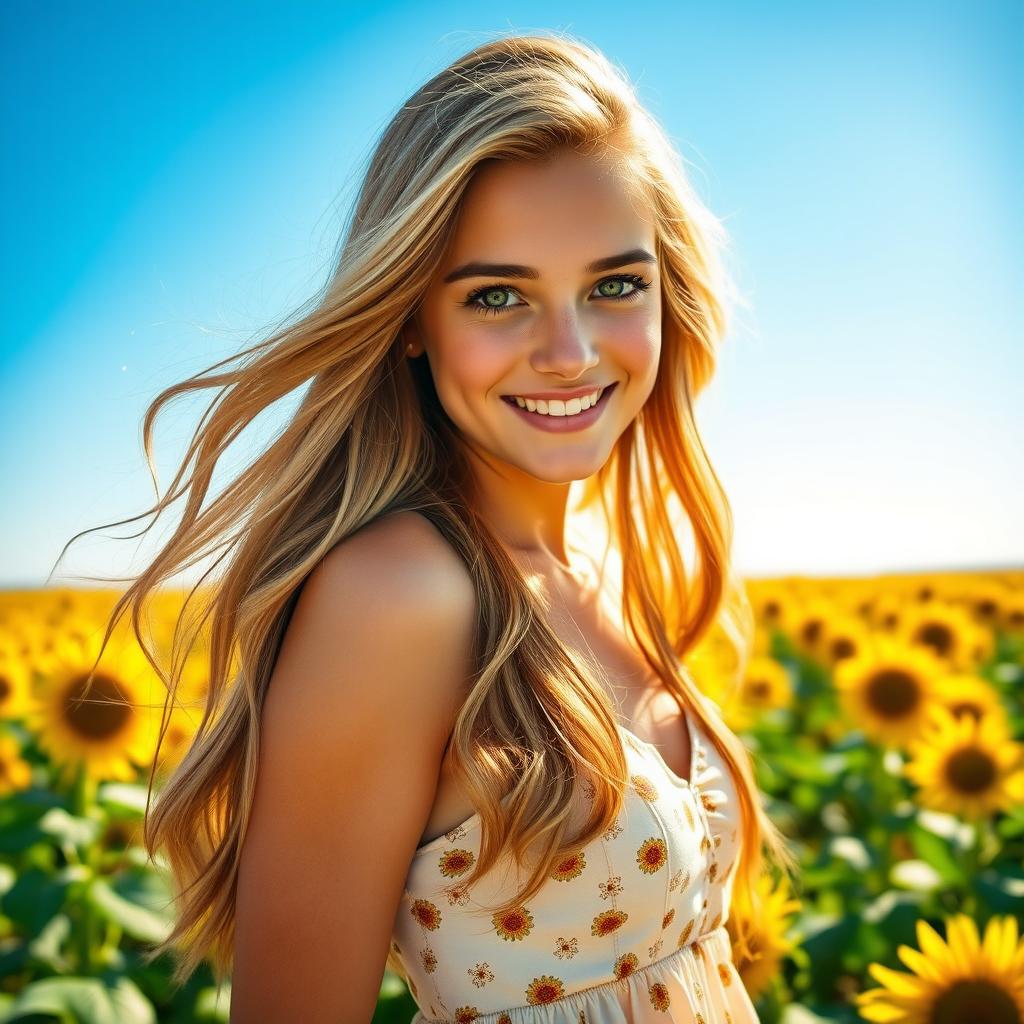 A beautiful young woman with long flowing hair, striking green eyes, and a joyful smile, wearing a stylish summer dress