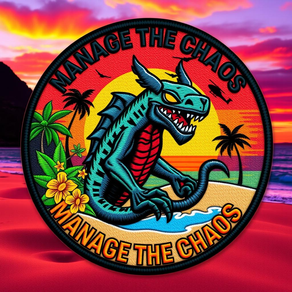 A vivid patch design featuring a Dust Devil at the center, surrounded by elements representing a Hawaiian island theme with lush greenery, tropical flowers, and sandy beaches