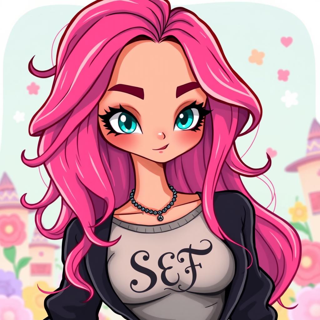 A beautiful cartoon woman with vibrant pink hair cascading down her shoulders, wearing an expressive and confident smile
