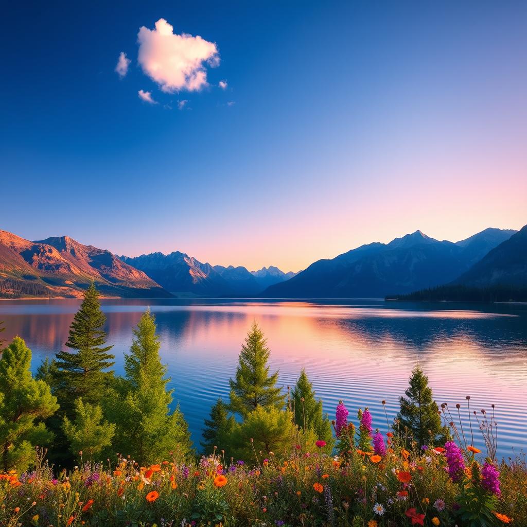 A stunning landscape featuring a serene lake surrounded by majestic mountains under a clear blue sky