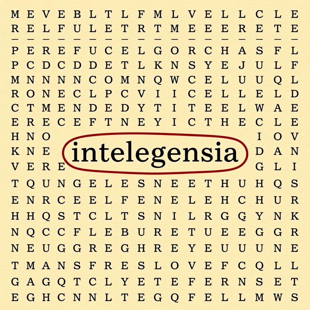 A portrait-sized word search puzzle featuring the word "intelegensia"