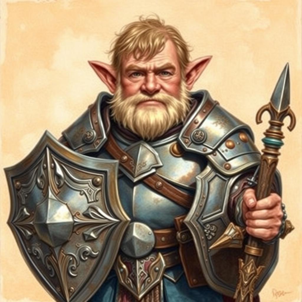 A detailed colored pencil drawing of a middle-aged halfling warrior, clad in heavy armor that shines with a polished metallic finish