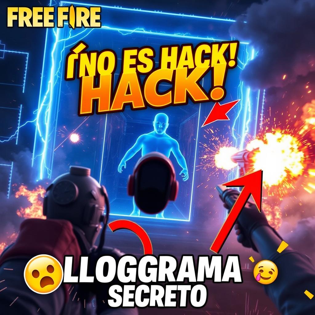 An explosive thumbnail for Free Fire showcasing a surprised player watching their hologram as it passes through a gloo wall, while a confused enemy shoots at them