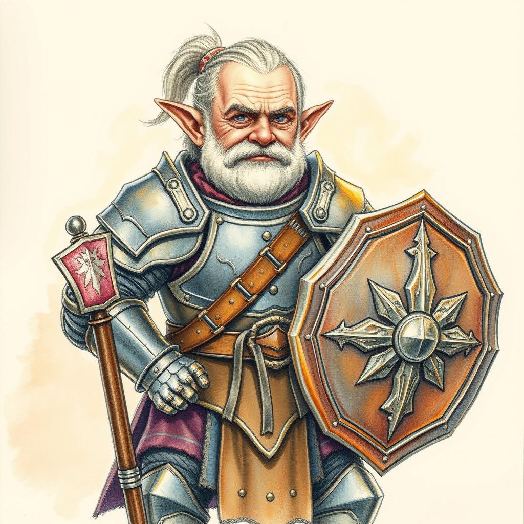A colored pencil sketch portrait of a middle-aged halfling warrior, prominently featuring him in heavy armor that showcases intricate details and metallic sheen