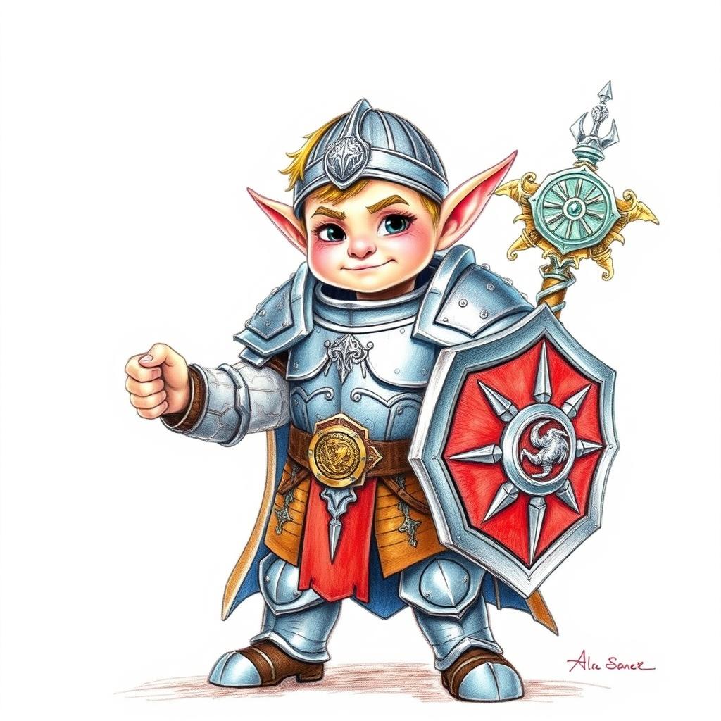 A colored pencil sketch portrait of a halfling warrior, depicted in heavy armor that reflects both strength and craftsmanship