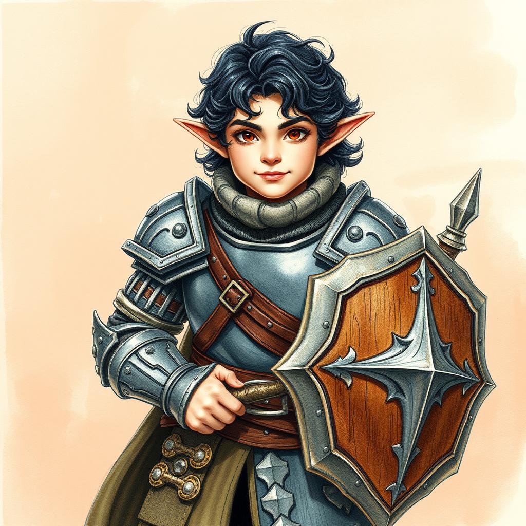 A colored pencil sketch portrait of a halfling warrior, wearing heavy armor that showcases exquisite craftsmanship and a rugged texture