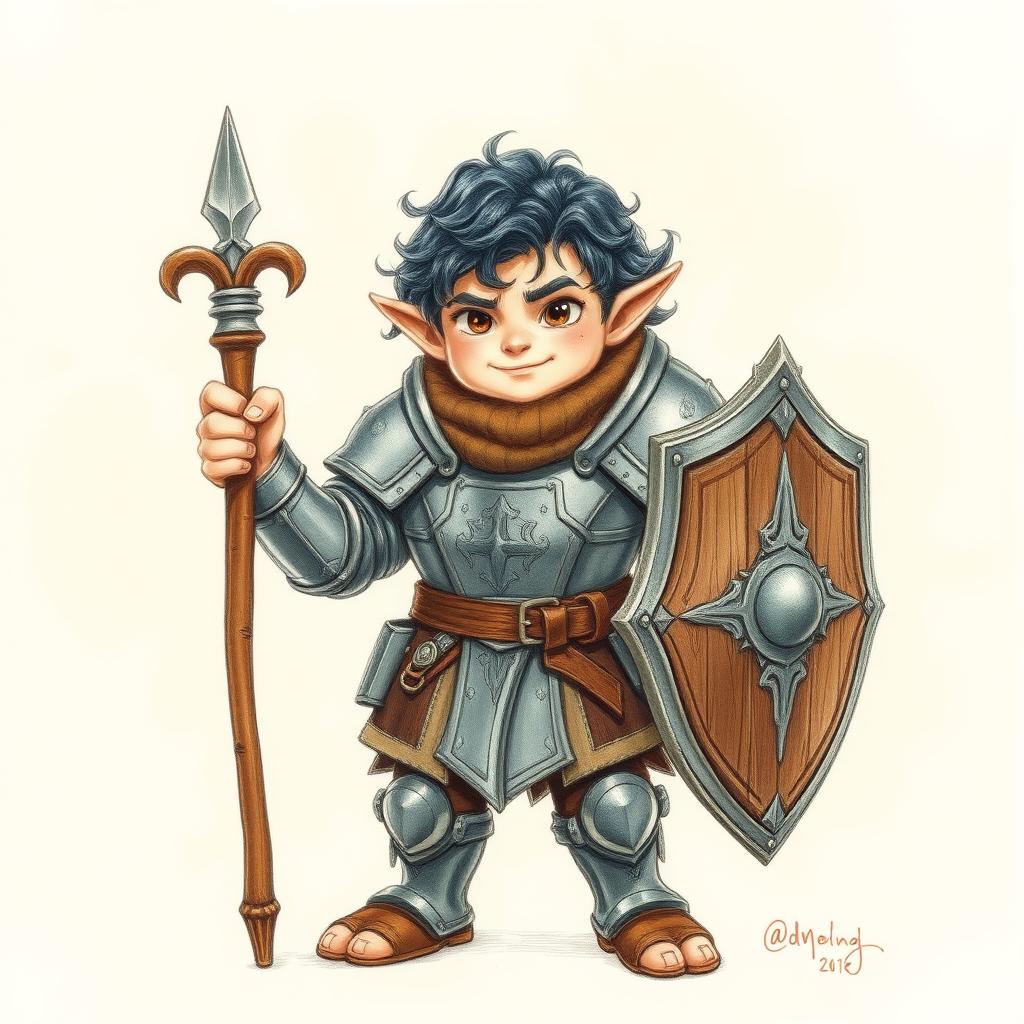 A colored pencil sketch portrait of a male halfling in heavy armor, characterized by its sturdy design and intricate details