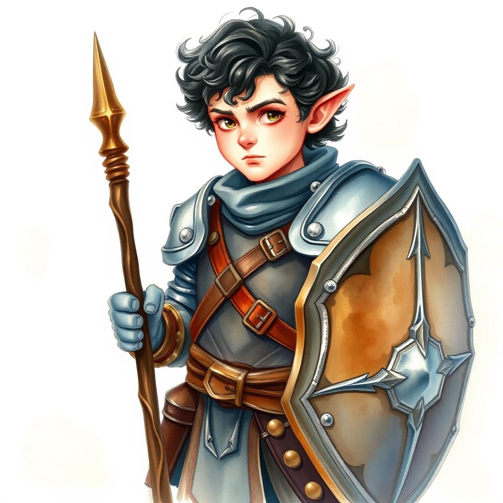 A watercolor painting portrait of a male halfling, dressed in heavy armor that emphasizes durability and strength