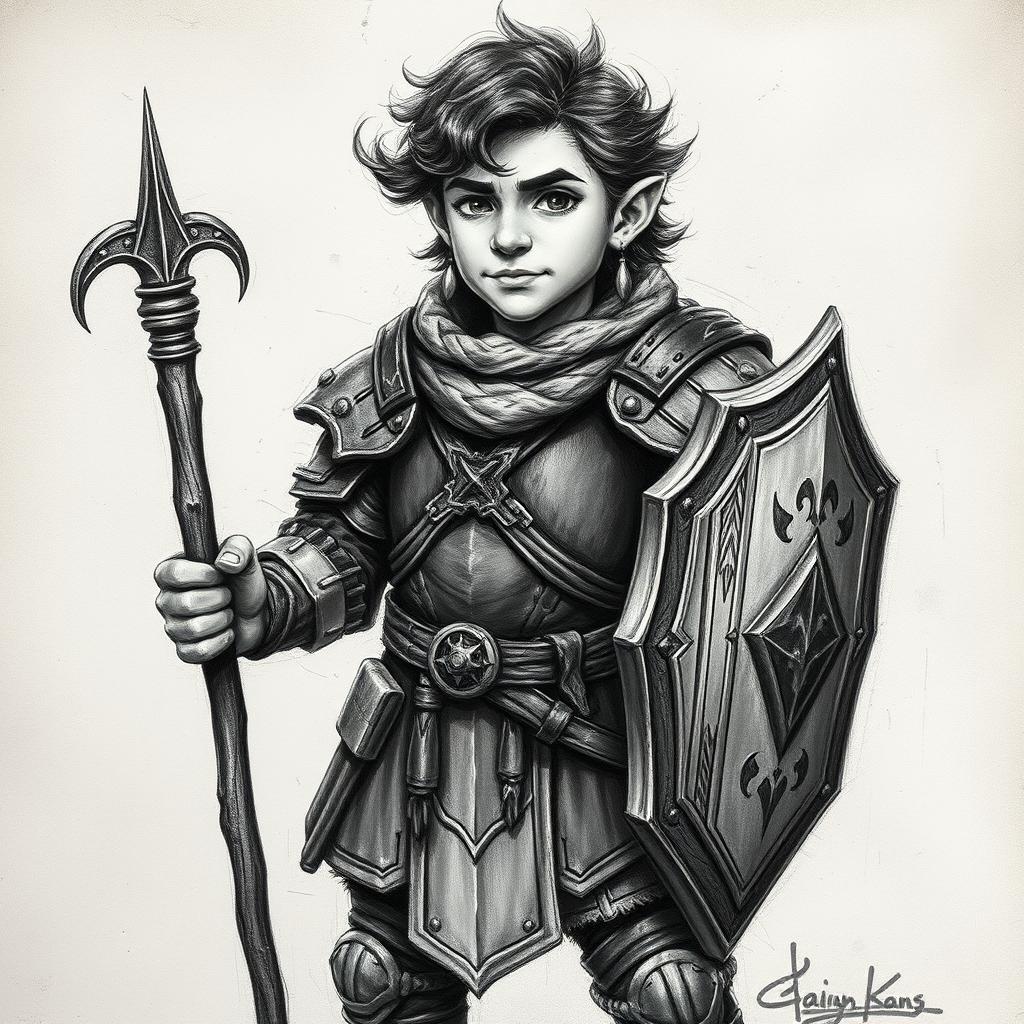 A charcoal drawing portrait of a male halfling, dressed in heavy armor that displays layers of texture and depth