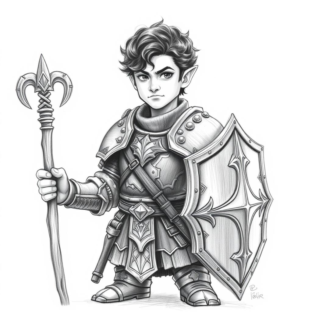 A realistic pencil sketch portrait of a male halfling, depicted in intricate heavy armor that showcases a blend of functionality and craftsmanship