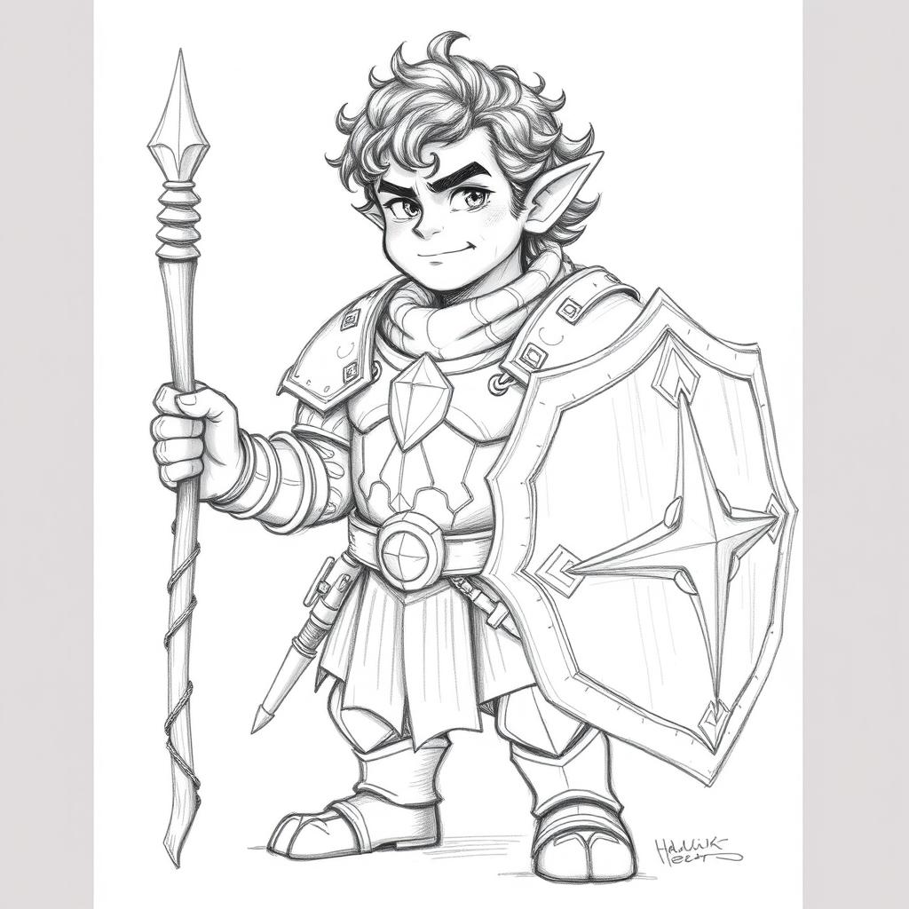 A pencil sketch portrait of a male halfling, depicted in robust heavy armor that reflects meticulous detail and craftsmanship