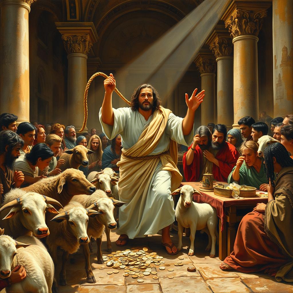 A dynamic and powerful painting of Christ cleansing the Temple, depicted in a historical biblical setting