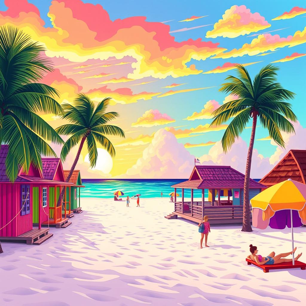 A vibrant and whimsical illustration inspired by Natéa, depicting the scenic beauty of Caye Caulker