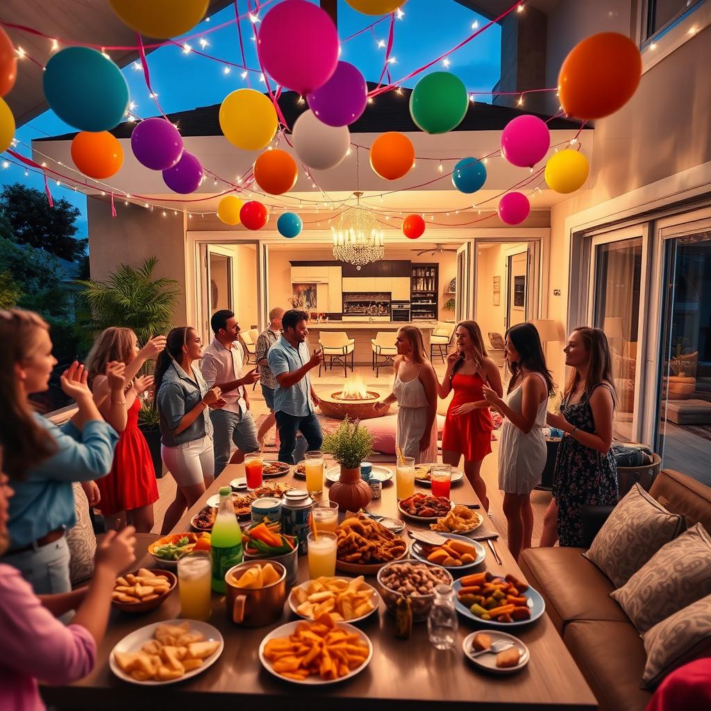 A vibrant party scene in a beautifully decorated modern house