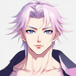 Craft an anime image of a bad boy style twink with a feminine physique, white long hair, eyebrows, lashes, and slender skin. His harmonious face features Korean-style sharp blue eyes that have a hint of pink at the edges. He doesn't hold any muscular form and has a neutral gaze directed elsewhere.