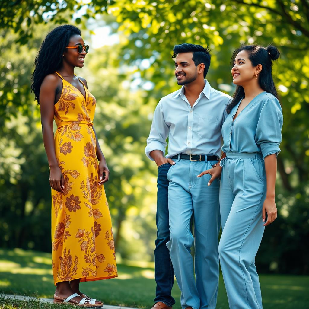 A highly detailed and realistic photograph of a diverse group of three friends standing together outdoors