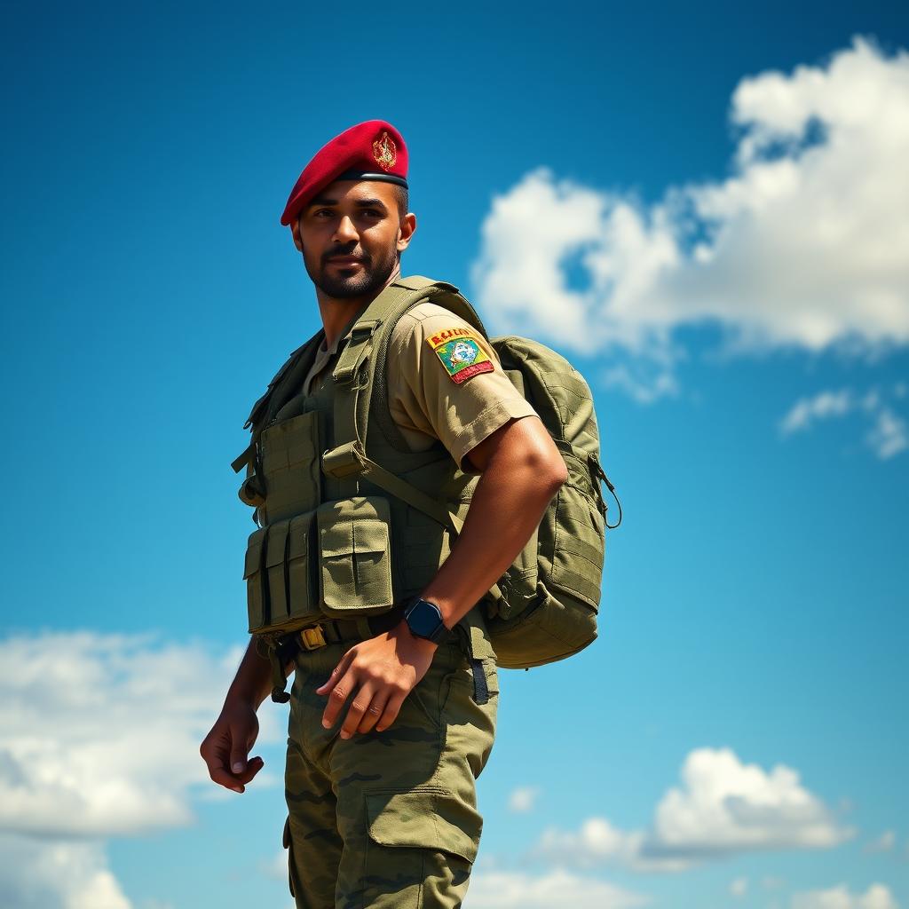A Brazilian paratrooper in full military uniform, wearing a distinctive red beret (boina grená), showcasing a confident and heroic stance