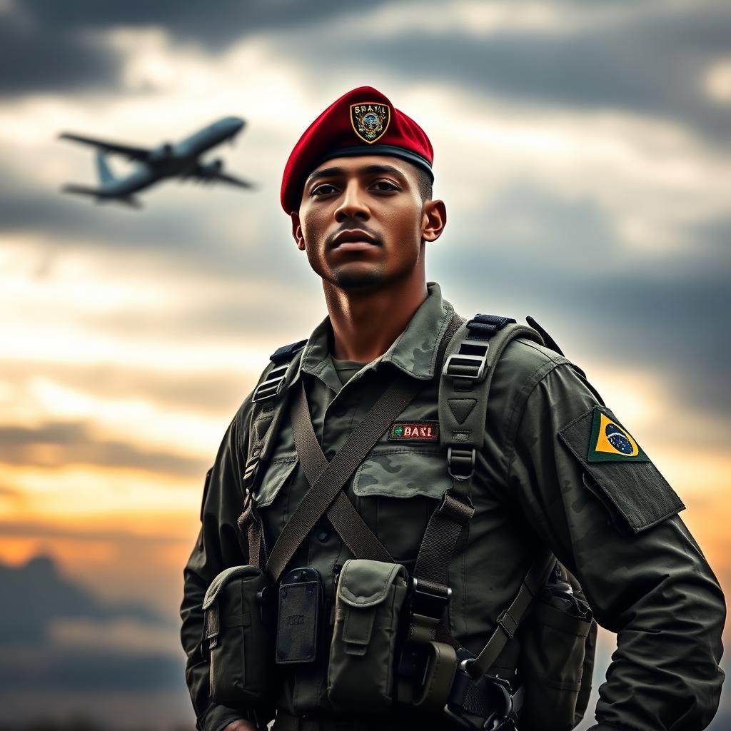 A Brazilian paratrooper proudly standing in a moment of victory, wearing a distinctive red beret symbolizing the elite airborne troops