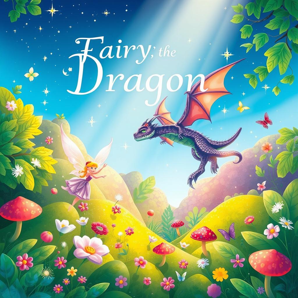 A whimsical book cover illustration showcasing an enchanting world filled with fairies and dragons