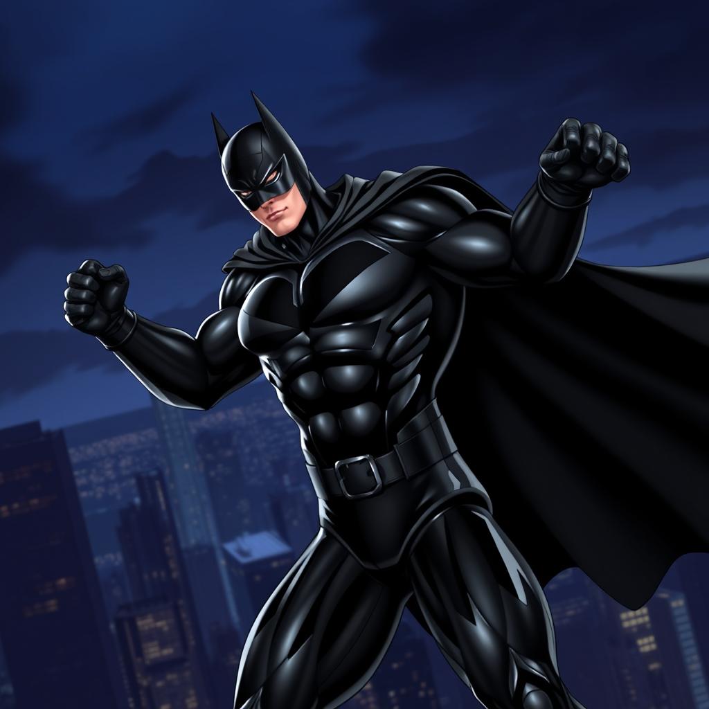 A powerful all-black superhero in a dynamic pose, exuding confidence and strength