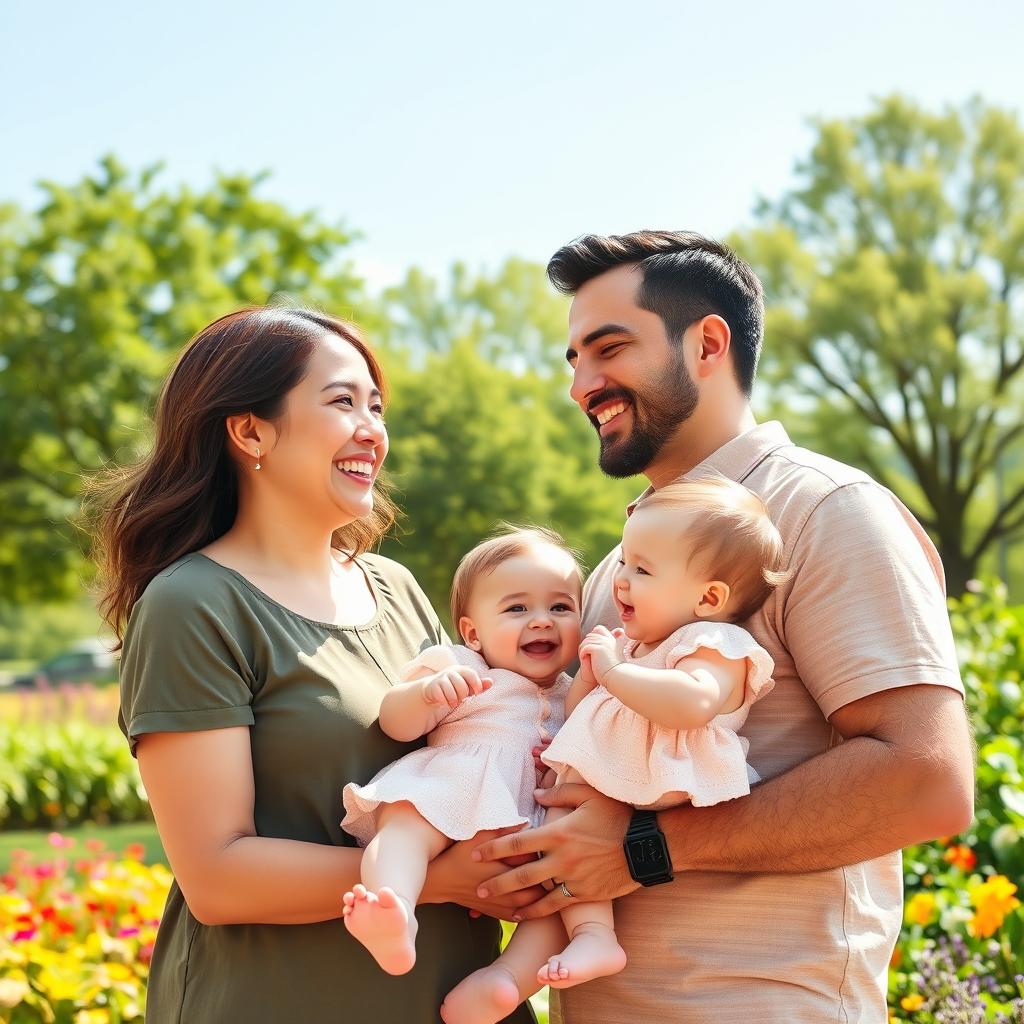 A heartwarming family scene featuring two adults, a woman and a man, smiling and looking at each other with joy, surrounded by a beautiful park setting