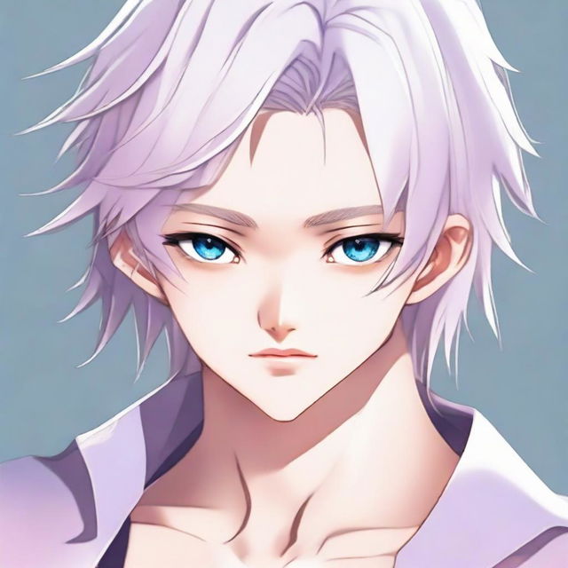 Craft an anime image of a bad boy style twink with a feminine physique, white long hair, eyebrows, lashes, and slender skin. His harmonious face features Korean-style sharp blue eyes that have a hint of pink at the edges. He doesn't hold any muscular form and has a neutral gaze directed elsewhere.