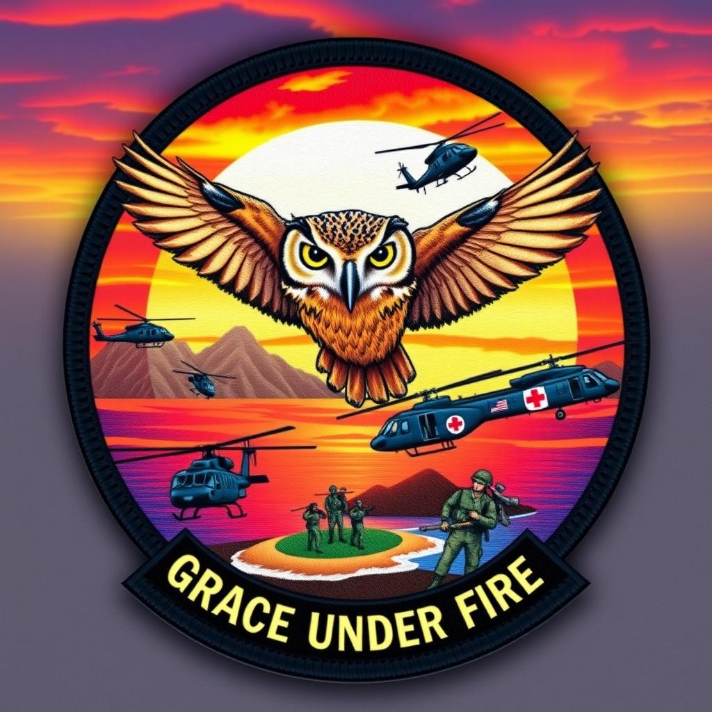 A striking patch design showcasing a beautiful vibrant sunset with rich oranges, pinks, and purples in the background, featuring the silhouette of the Hawaiian islands