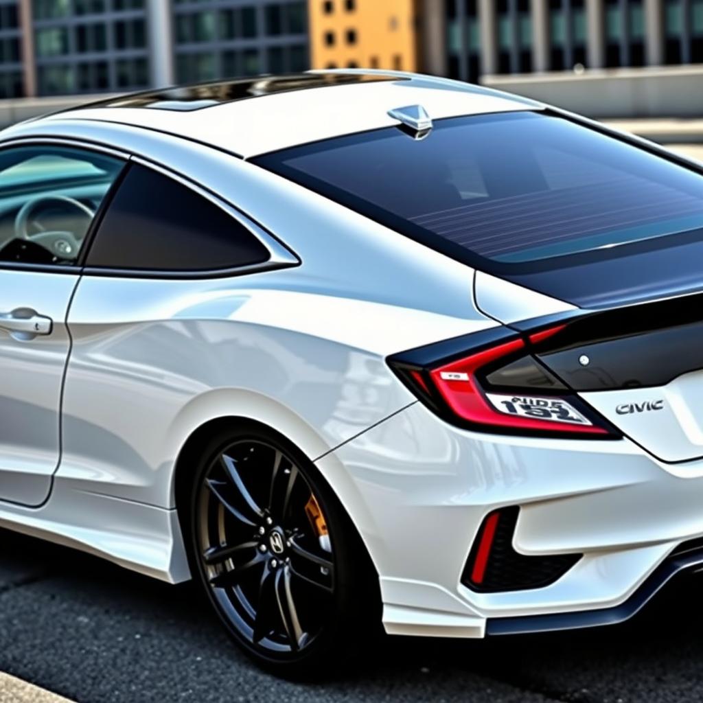 A stunningly designed white sixth generation Honda Civic coupe with a sleek black roof featuring a sunroof