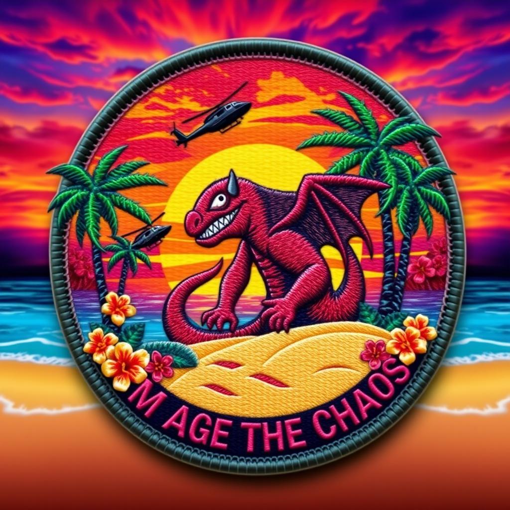 A vivid patch design featuring a Dust Devil at the center, surrounded by elements representing a Hawaiian island theme adorned with lush palm trees, tropical flowers, and sandy beaches