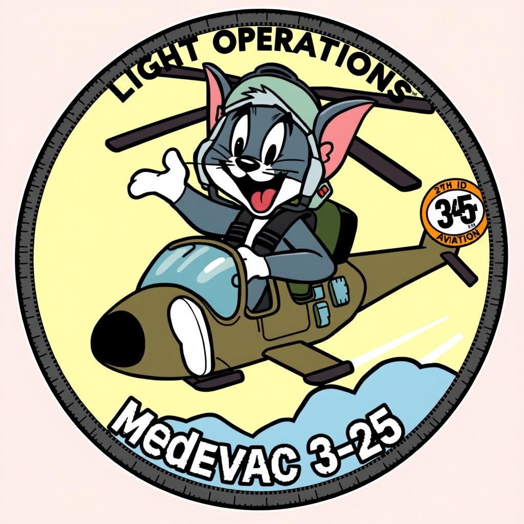 A playful cartoonish patch design for Flight Operations, 25th ID, featuring Tom from 'Tom and Jerry' wearing realistic flight gear while joyfully piloting an HH-60M helicopter