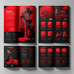 Create a catalog design for OZKAR MAKINA company, themed around machinery and lifting equipment. Design inspired by red and black colors, with room left blank for price and technical specifications for 5 different products.